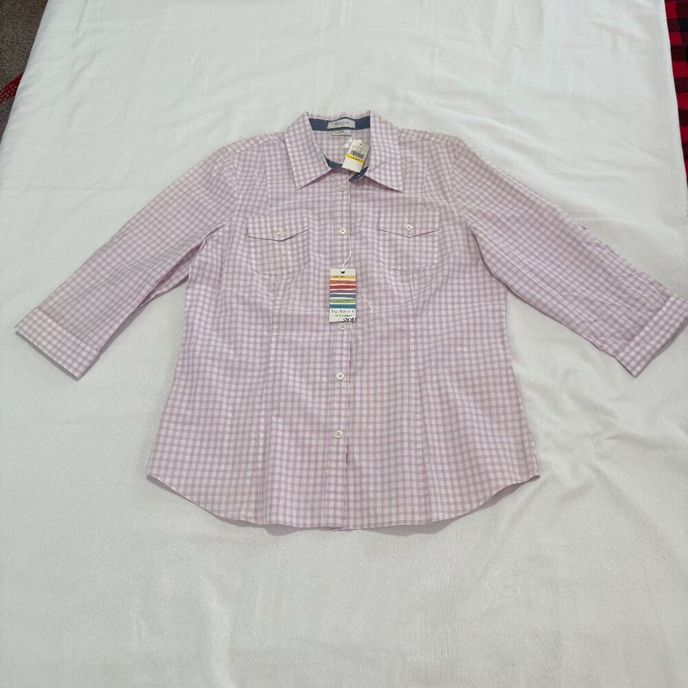 Van Heusen Women’s Large Lilac Gingham Button Up Shirt 100% Cotton Spring